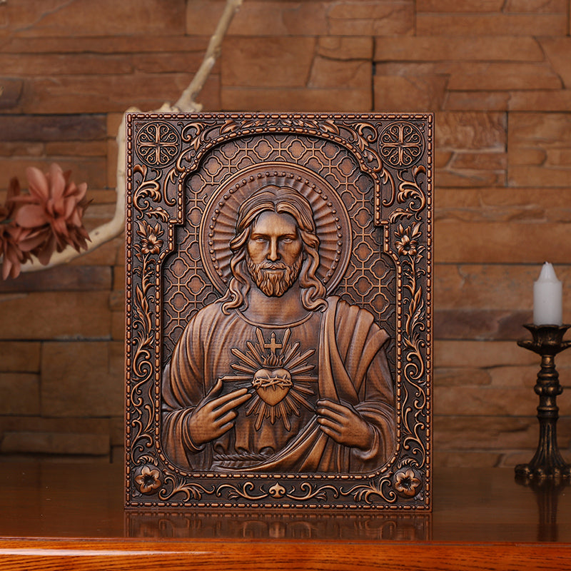 Hand Carved Sacred Heart of Jesus Statue - Catholic Devotional Wood Art, Christian Home Altar Gift - QIADGE