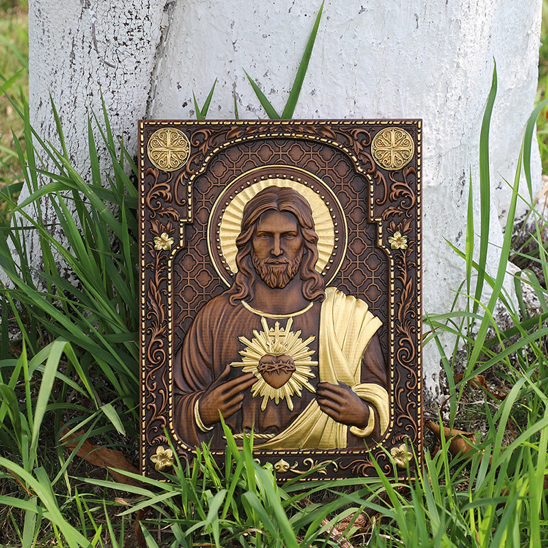 Hand Carved Sacred Heart of Jesus Statue - Catholic Devotional Wood Art, Christian Home Altar Gift - QIADGE