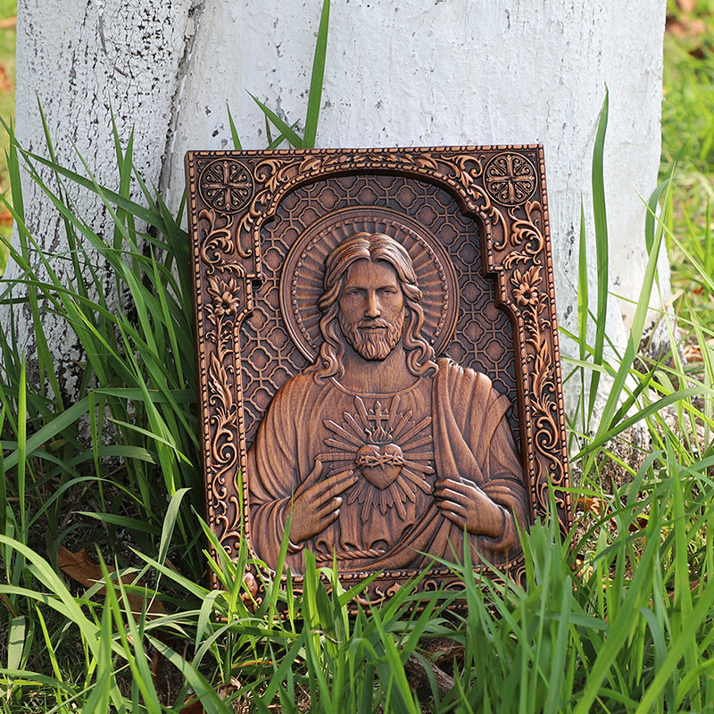 Hand Carved Sacred Heart of Jesus Statue - Catholic Devotional Wood Art, Christian Home Altar Gift - QIADGE