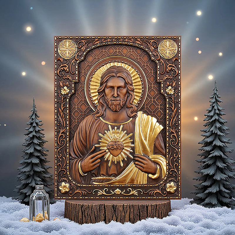 Hand Carved Sacred Heart of Jesus Statue - Catholic Devotional Wood Art, Christian Home Altar Gift - QIADGE