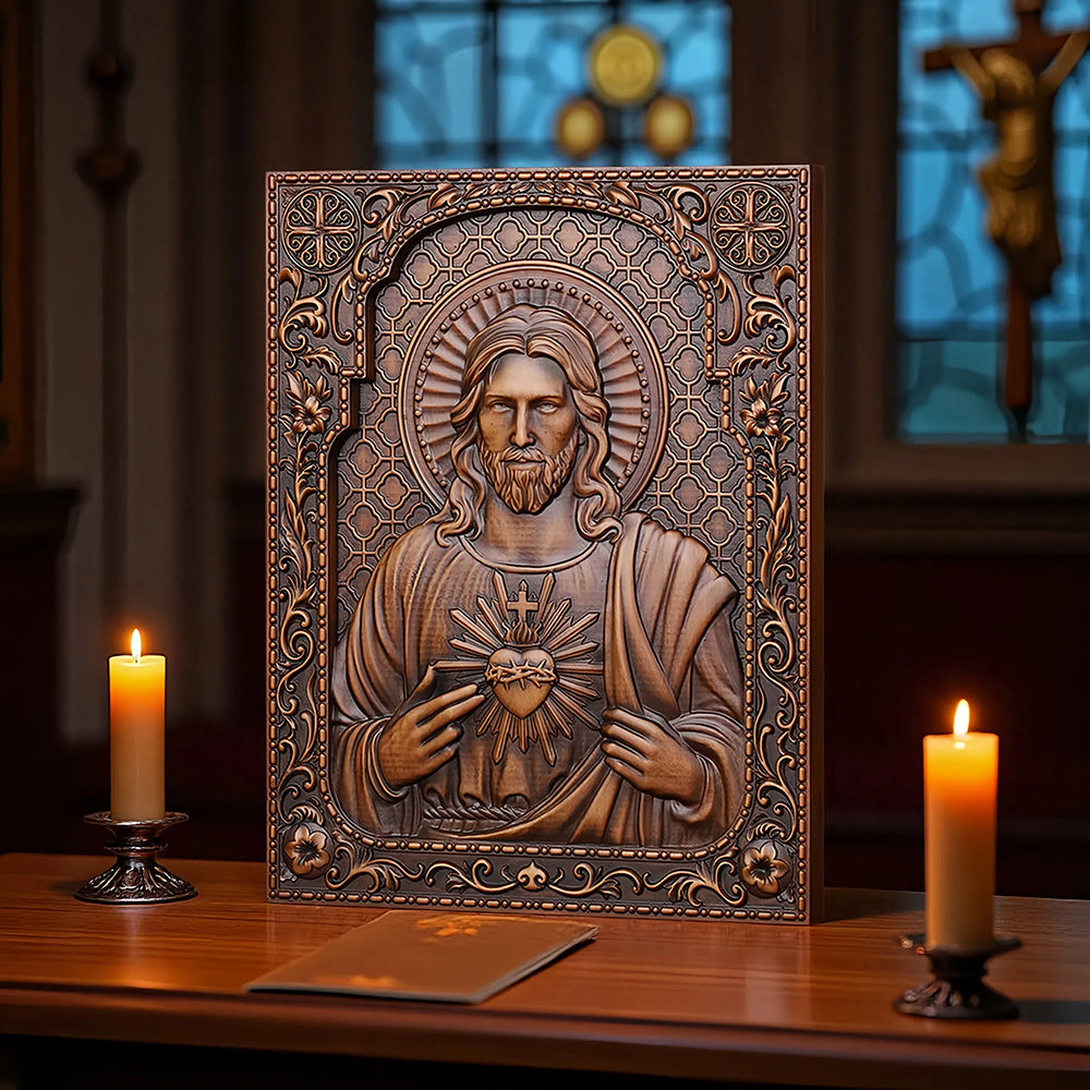 Hand Carved Sacred Heart of Jesus Statue - Catholic Devotional Wood Art, Christian Home Altar Gift - QIADGE