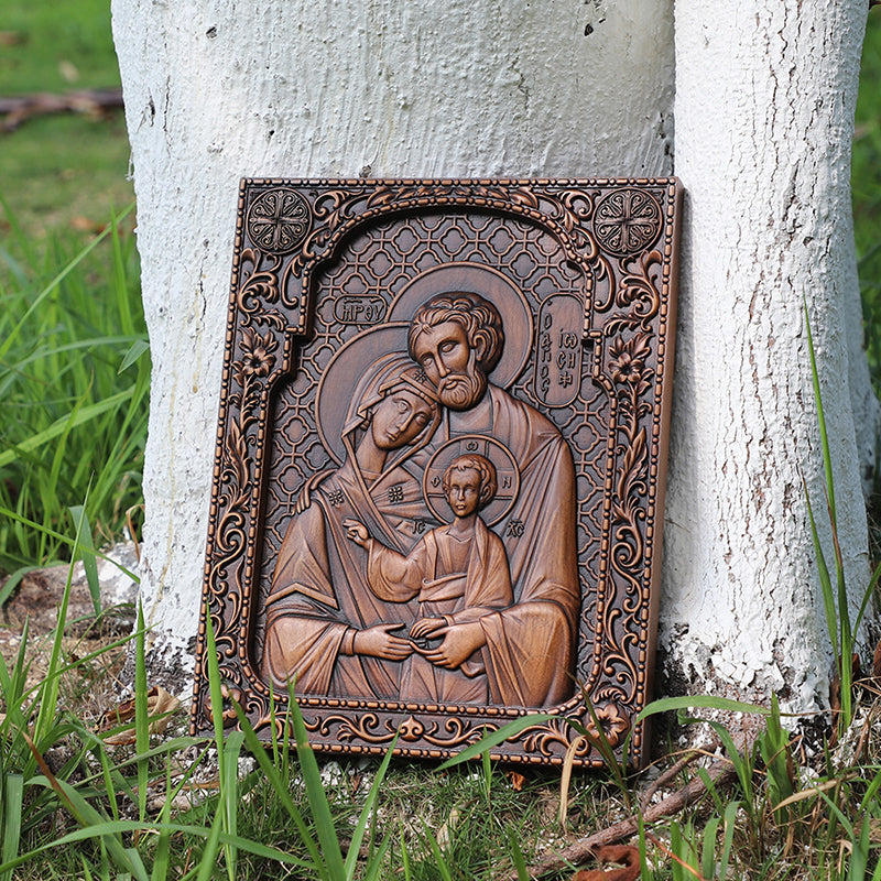 Holy Family Nativity Hand Carved Wood Sculpture - Christmas Manger Scene, Christian Altar Decor & Baptism Gift - QIADGE
