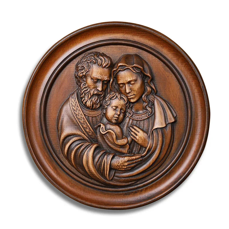 Beautiful Holy Family Wood Carving Art - 12 Inch Wall Decor for Christian Home - QIADGE