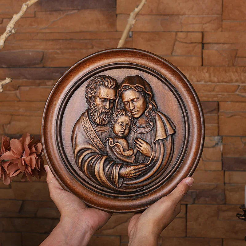 Beautiful Holy Family Wood Carving Art - 12 Inch Wall Decor for Christian Home - QIADGE