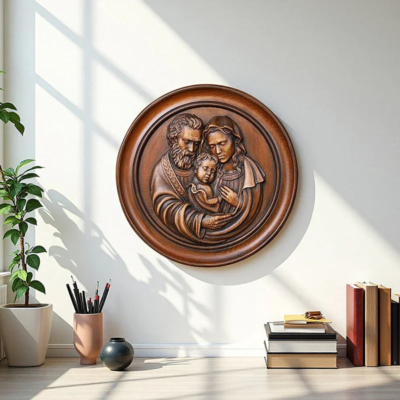 Beautiful Holy Family Wood Carving Art - 12 Inch Wall Decor for Christian Home - QIADGE