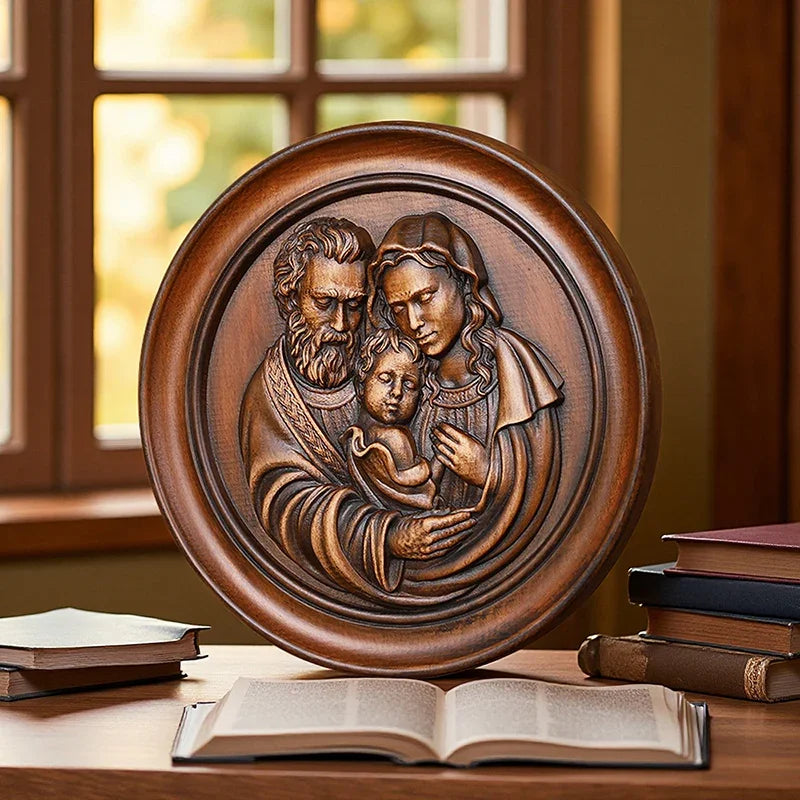 Beautiful Holy Family Wood Carving Art - 12 Inch Wall Decor for Christian Home - QIADGE