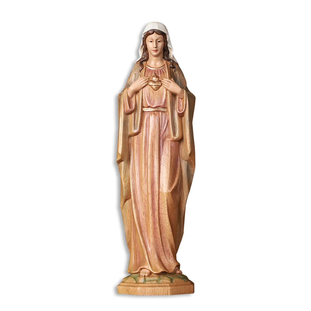 Hand-Carved Sacred Heart Mary Statue - Catholic Wood Sculpture, Hand-Painted Altar Decor, Christian Gift - QIADGE