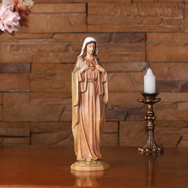 Hand-Carved Sacred Heart Mary Statue - Catholic Wood Sculpture, Hand-Painted Altar Decor, Christian Gift - QIADGE