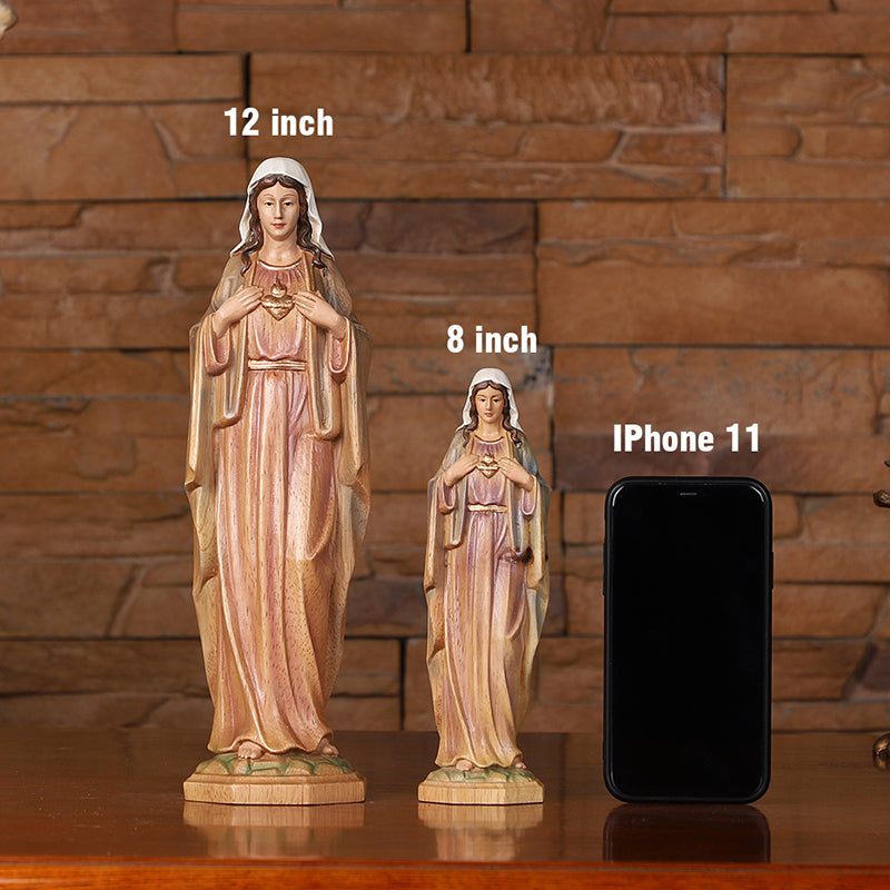 Hand-Carved Sacred Heart Mary Statue - Catholic Wood Sculpture, Hand-Painted Altar Decor, Christian Gift - QIADGE