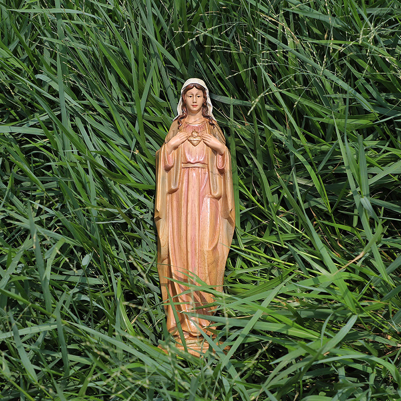 Hand-Carved Sacred Heart Mary Statue - Catholic Wood Sculpture, Hand-Painted Altar Decor, Christian Gift - QIADGE