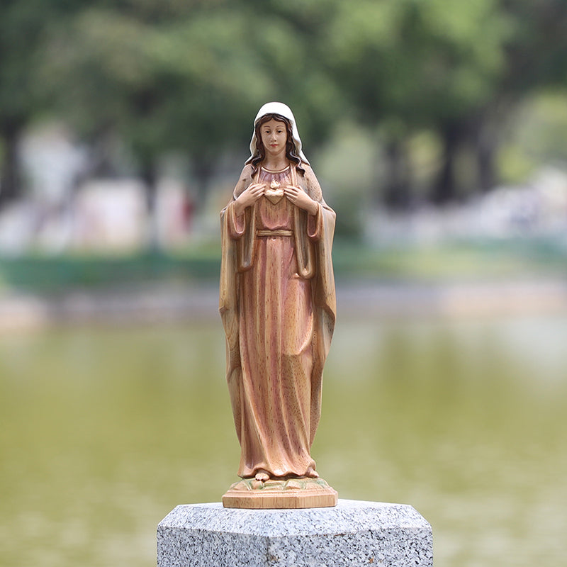 Hand-Carved Sacred Heart Mary Statue - Catholic Wood Sculpture, Hand-Painted Altar Decor, Christian Gift - QIADGE