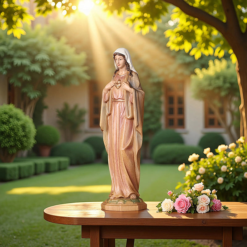 Hand-Carved Sacred Heart Mary Statue - Catholic Wood Sculpture, Hand-Painted Altar Decor, Christian Gift - QIADGE