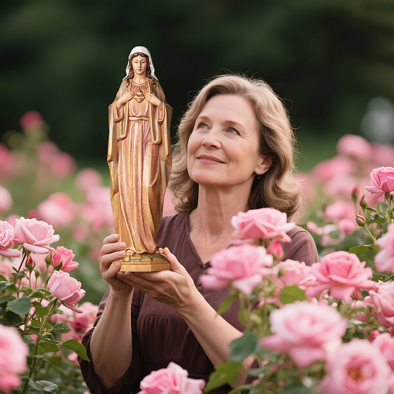 Hand-Carved Sacred Heart Mary Statue - Catholic Wood Sculpture, Hand-Painted Altar Decor, Christian Gift - QIADGE