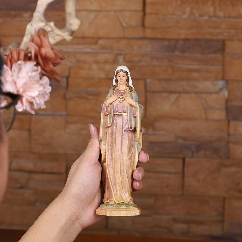 Hand-Carved Sacred Heart Mary Statue - Catholic Wood Sculpture, Hand-Painted Altar Decor, Christian Gift - QIADGE