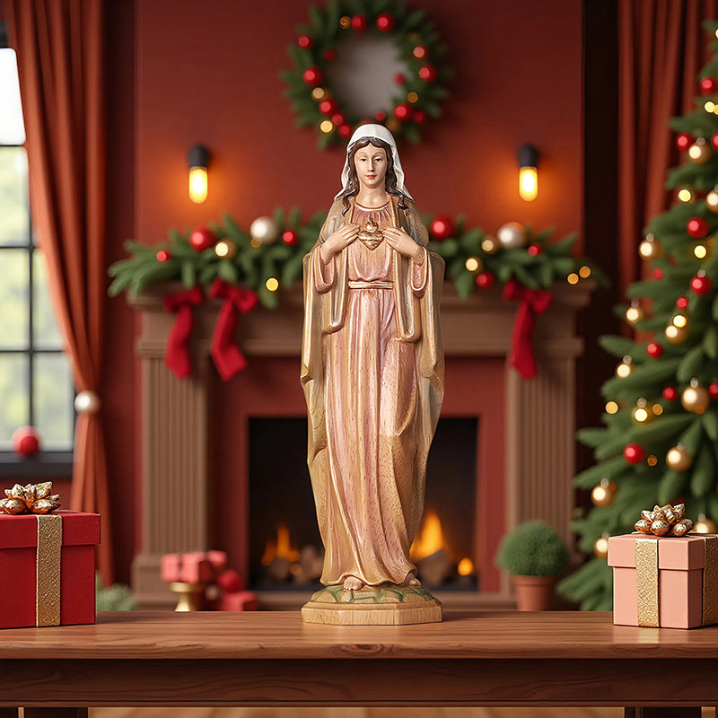 Hand-Carved Sacred Heart Mary Statue - Catholic Wood Sculpture, Hand-Painted Altar Decor, Christian Gift - QIADGE