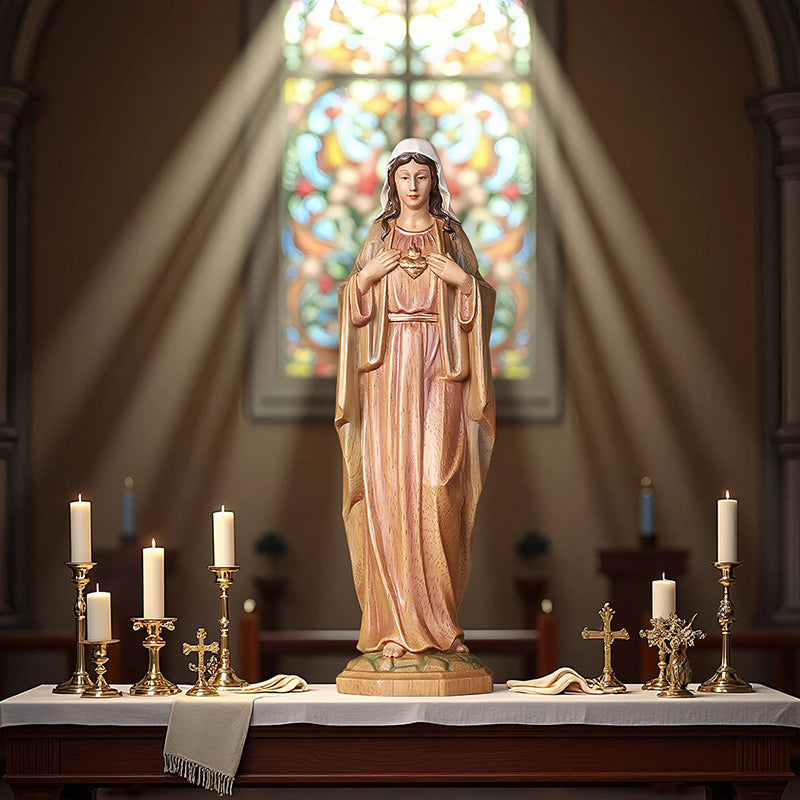 Hand-Carved Sacred Heart Mary Statue - Catholic Wood Sculpture, Hand-Painted Altar Decor, Christian Gift - QIADGE