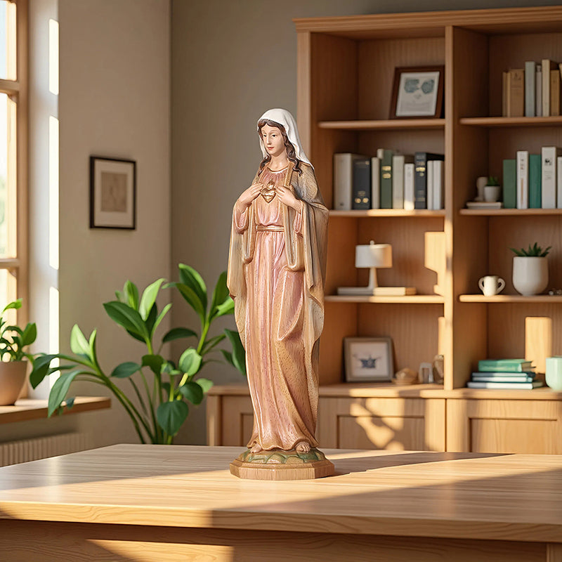 Hand-Carved Sacred Heart Mary Statue - Catholic Wood Sculpture, Hand-Painted Altar Decor, Christian Gift - QIADGE