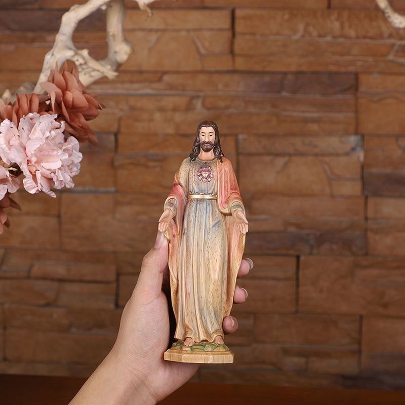 Redemption Jesus Statue - Hand-Carved Painted Wooden Christ Figure with Outstretched Arms, Christian Altar Decor & Sacred Home Blessing - QIADGE