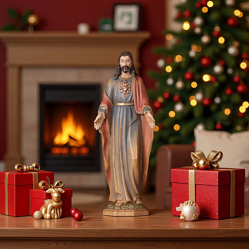 Redemption Jesus Statue - Hand-Carved Painted Wooden Christ Figure with Outstretched Arms, Christian Altar Decor & Sacred Home Blessing - QIADGE