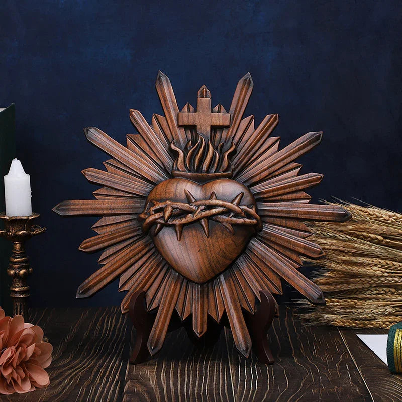 Crown of Thorns Jesus Sacred Heart Wall Carving - Handmade Catholic Wood Art | Church Altar Decor - QIADGE