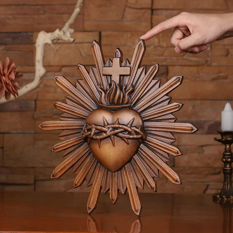 Crown of Thorns Jesus Sacred Heart Wall Carving - Handmade Catholic Wood Art | Church Altar Decor - QIADGE