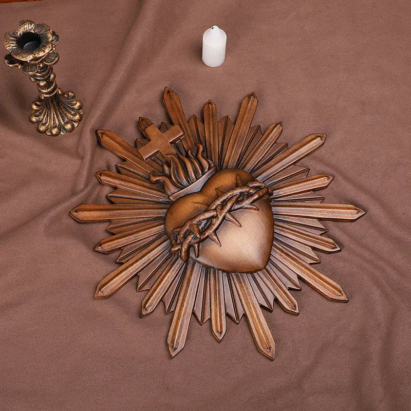 Crown of Thorns Jesus Sacred Heart Wall Carving - Handmade Catholic Wood Art | Church Altar Decor - QIADGE