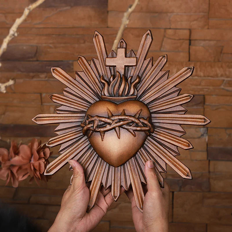 Crown of Thorns Jesus Sacred Heart Wall Carving - Handmade Catholic Wood Art | Church Altar Decor - QIADGE