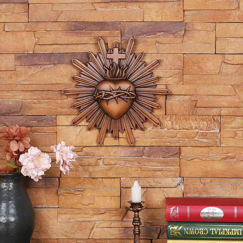 Crown of Thorns Jesus Sacred Heart Wall Carving - Handmade Catholic Wood Art | Church Altar Decor - QIADGE