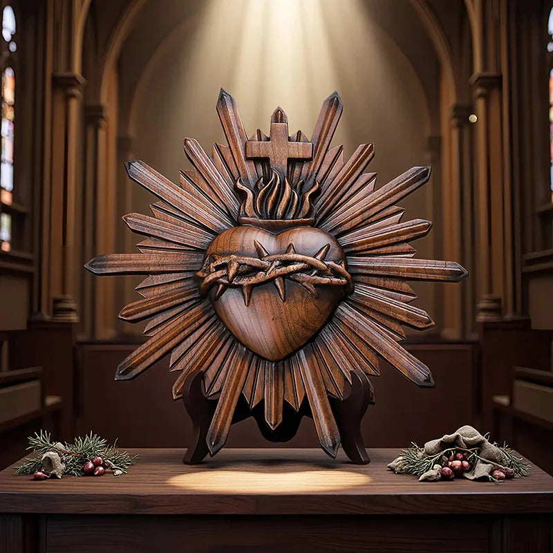Crown of Thorns Jesus Sacred Heart Wall Carving - Handmade Catholic Wood Art | Church Altar Decor - QIADGE