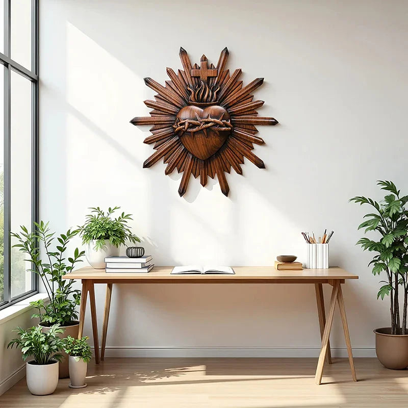 Crown of Thorns Jesus Sacred Heart Wall Carving - Handmade Catholic Wood Art | Church Altar Decor - QIADGE