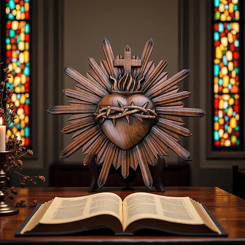 Crown of Thorns Jesus Sacred Heart Wall Carving - Handmade Catholic Wood Art | Church Altar Decor - QIADGE