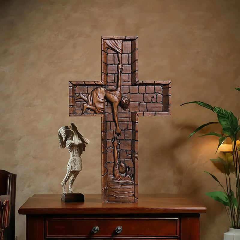 Hand Carved Savior Jesus Cross - Natural Wood Redemption Scene Religious Art & Christian Spiritual Home Altar - QIADGE