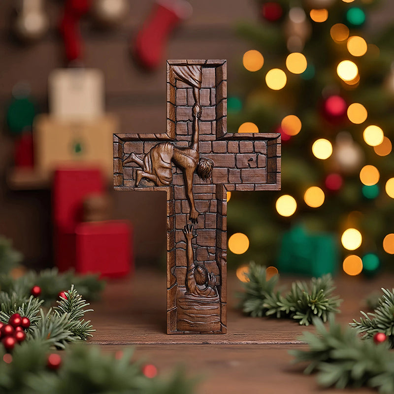 Hand Carved Savior Jesus Cross - Natural Wood Redemption Scene Religious Art & Christian Spiritual Home Altar - QIADGE