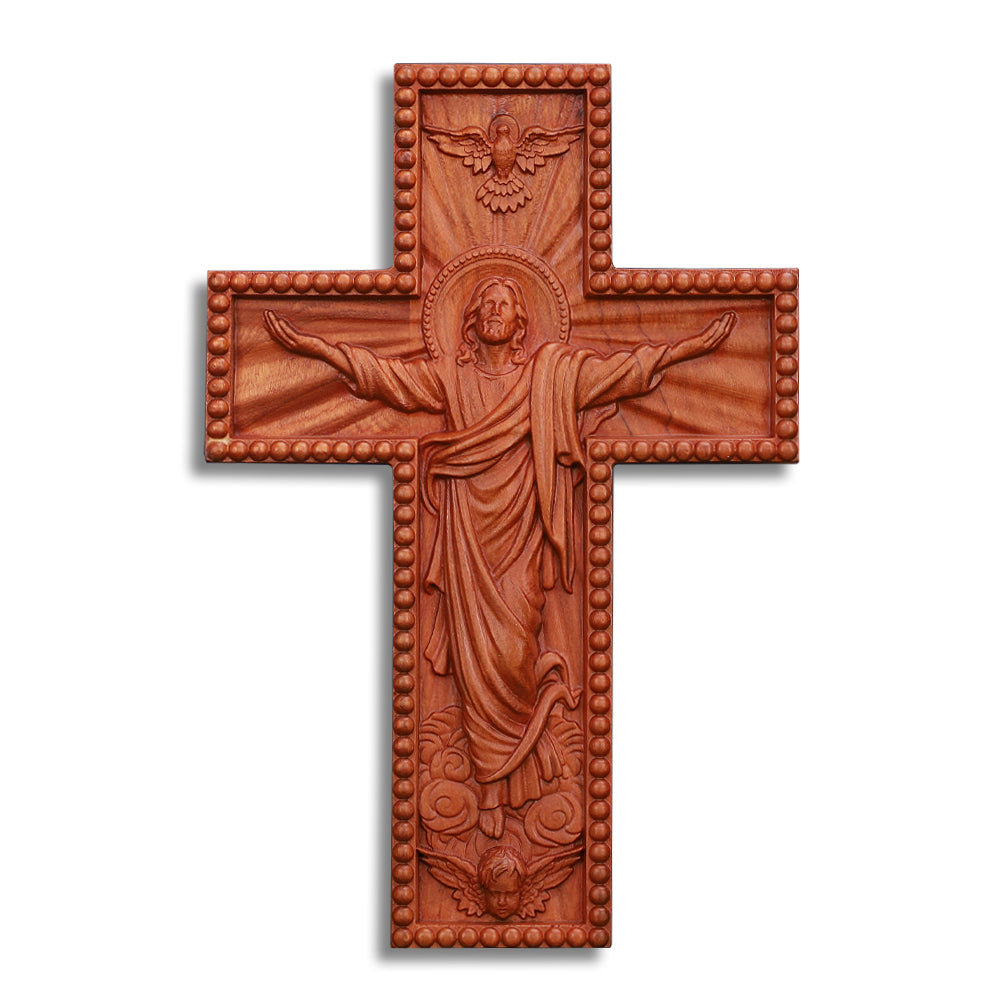 Hand Carved Jesus Ascension Cross - Wooden Wall Crucifix for Christian Decor - QIADGE