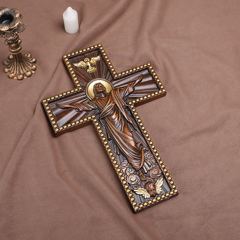 Hand Carved Jesus Ascension Cross - Wooden Wall Crucifix for Christian Decor - QIADGE