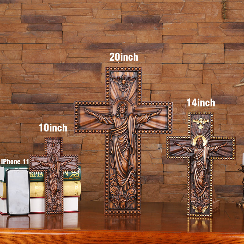 Hand Carved Jesus Ascension Cross - Wooden Wall Crucifix for Christian Decor - QIADGE