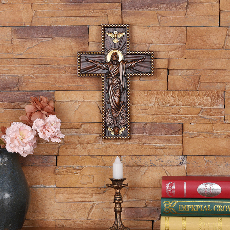 Hand Carved Jesus Ascension Cross - Wooden Wall Crucifix for Christian Decor - QIADGE