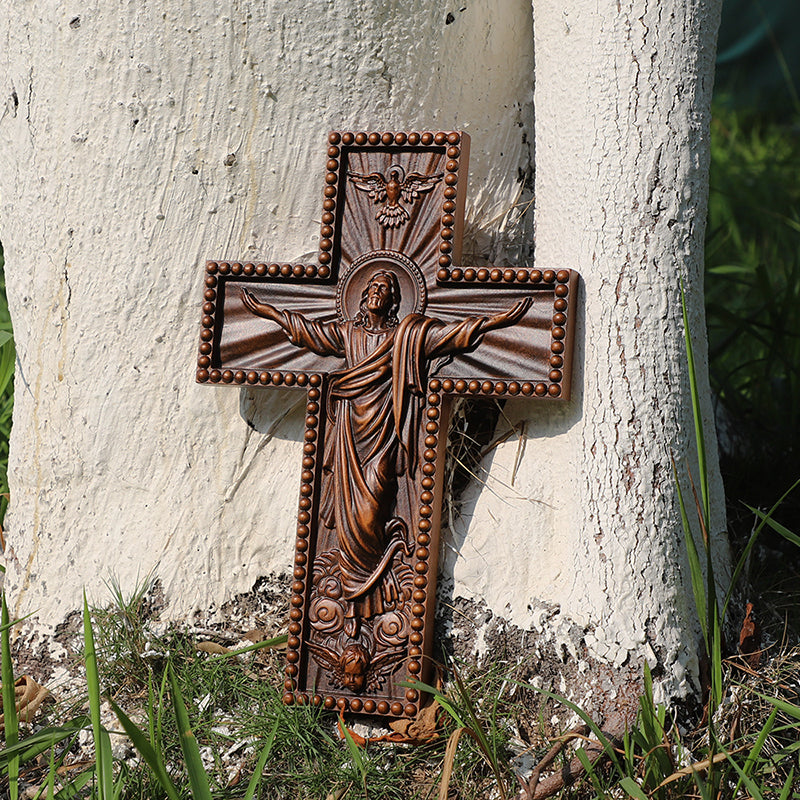 Hand Carved Jesus Ascension Cross - Wooden Wall Crucifix for Christian Decor - QIADGE