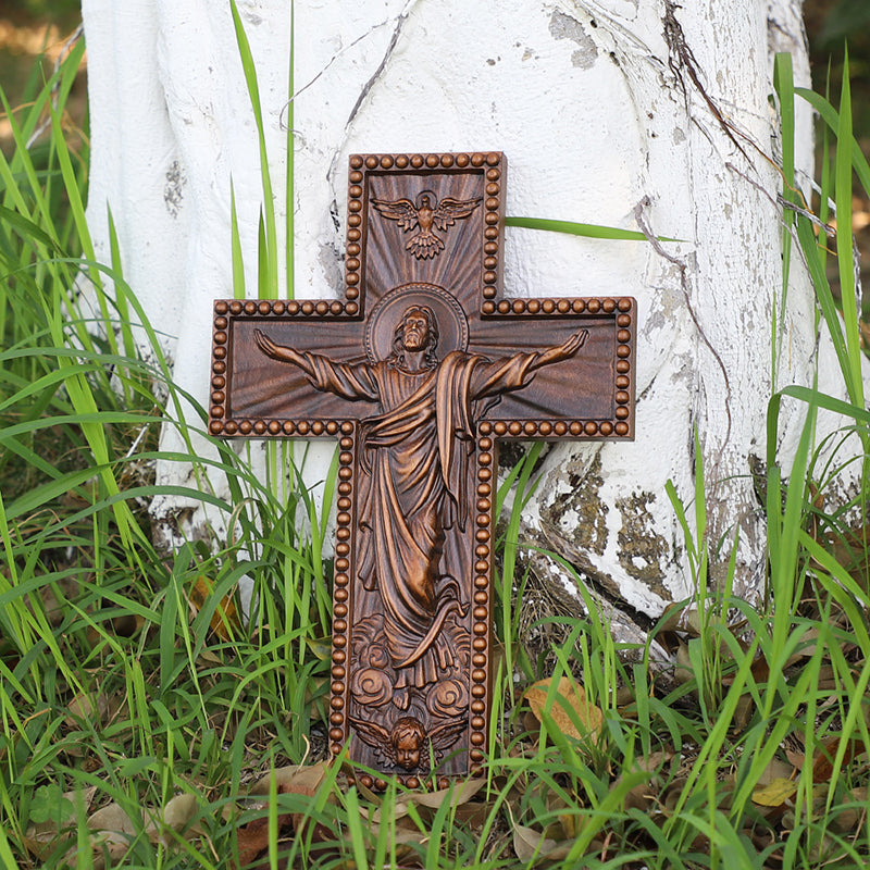 Hand Carved Jesus Ascension Cross - Wooden Wall Crucifix for Christian Decor - QIADGE