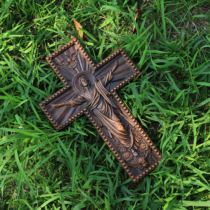 Hand Carved Jesus Ascension Cross - Wooden Wall Crucifix for Christian Decor - QIADGE
