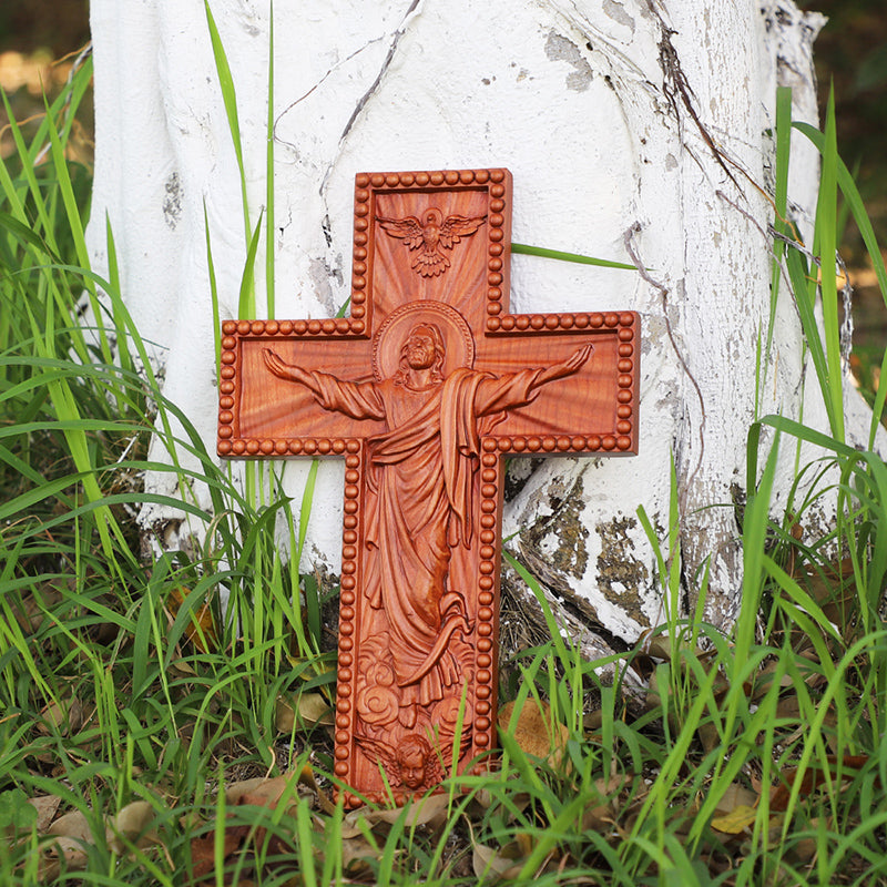 Hand Carved Jesus Ascension Cross - Wooden Wall Crucifix for Christian Decor - QIADGE