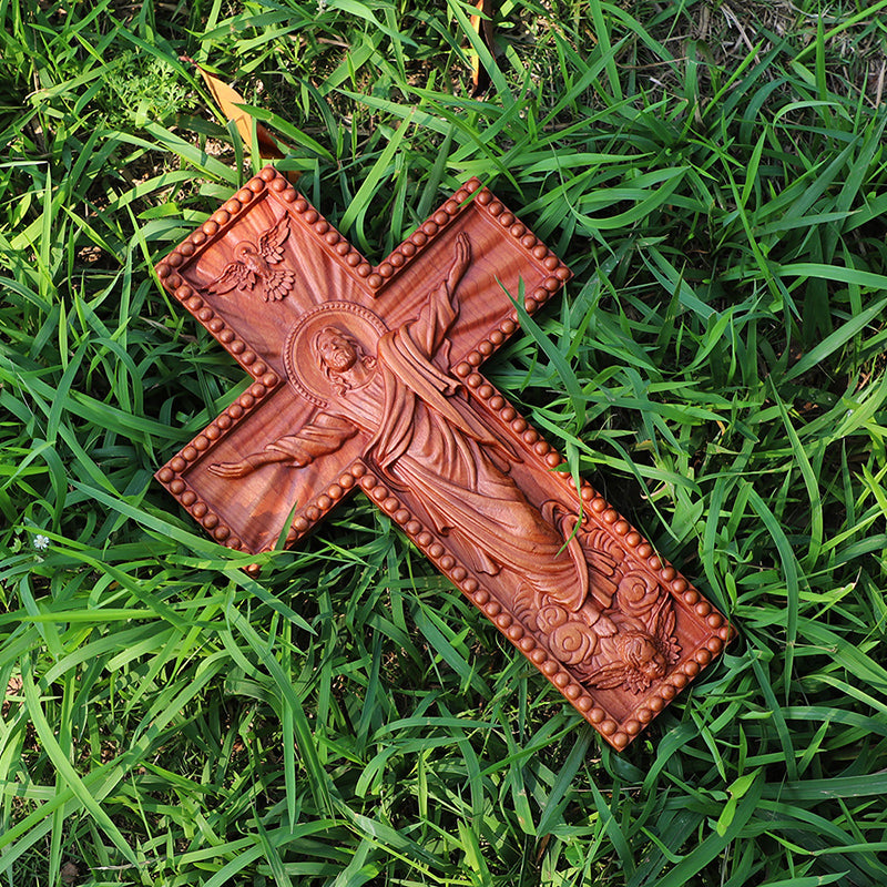 Hand Carved Jesus Ascension Cross - Wooden Wall Crucifix for Christian Decor - QIADGE