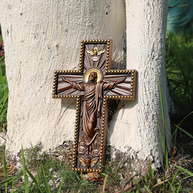 Hand Carved Jesus Ascension Cross - Wooden Wall Crucifix for Christian Decor - QIADGE
