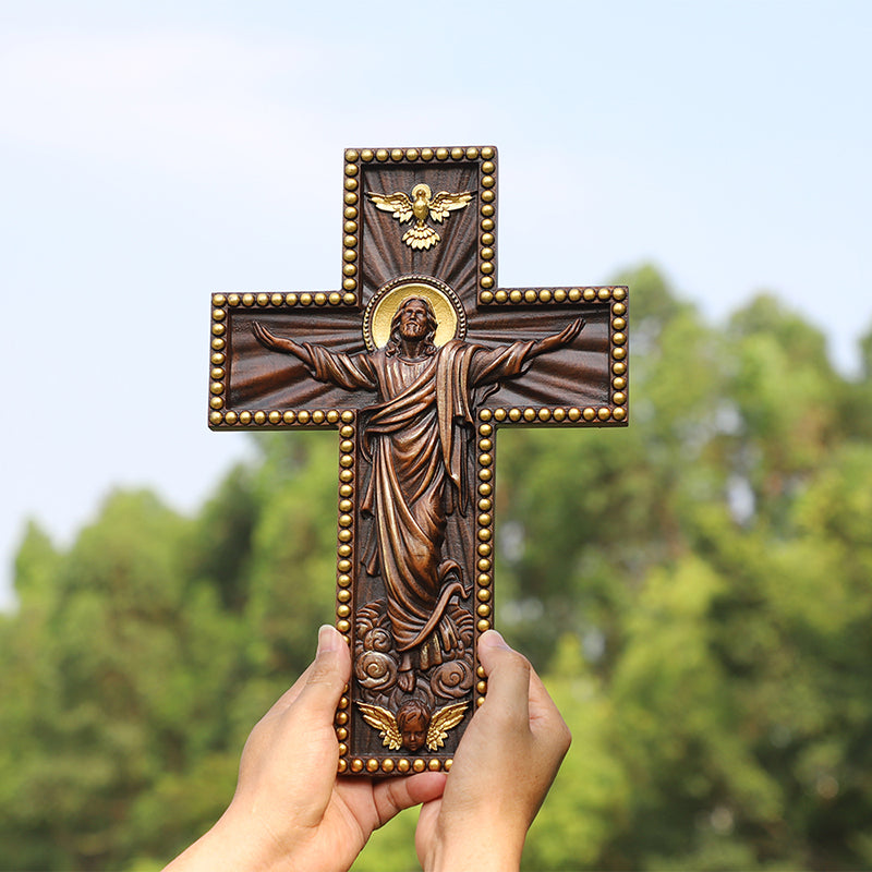 Hand Carved Jesus Ascension Cross - Wooden Wall Crucifix for Christian Decor - QIADGE