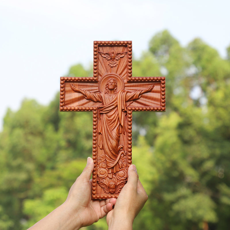 Hand Carved Jesus Ascension Cross - Wooden Wall Crucifix for Christian Decor - QIADGE