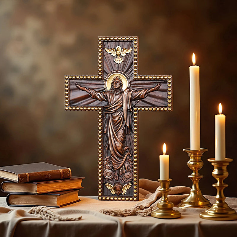 Hand Carved Jesus Ascension Cross - Wooden Wall Crucifix for Christian Decor - QIADGE