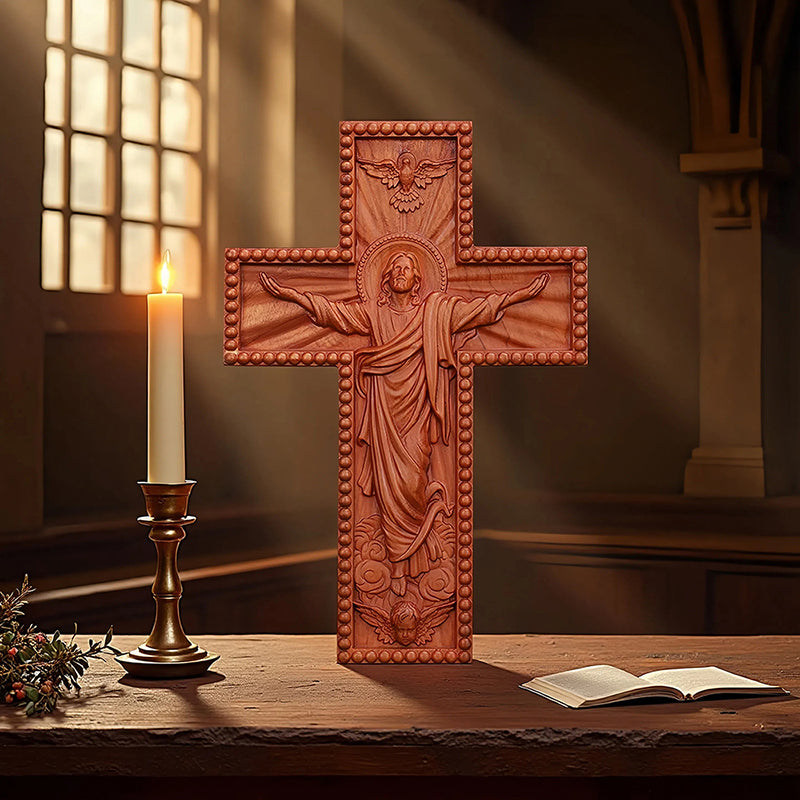 Hand Carved Jesus Ascension Cross - Wooden Wall Crucifix for Christian Decor - QIADGE