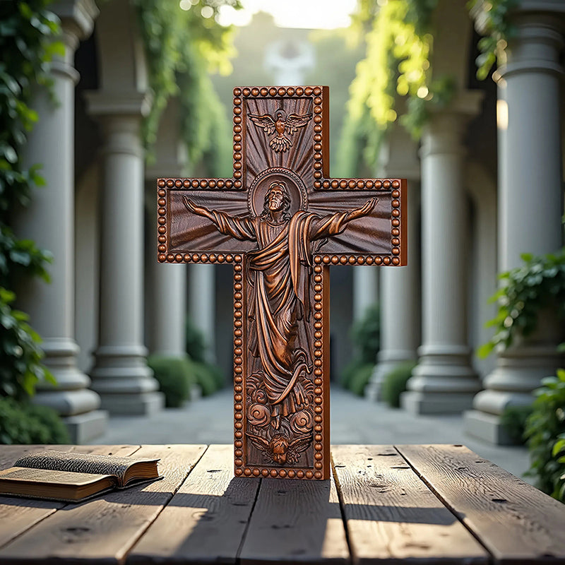Hand Carved Jesus Ascension Cross - Wooden Wall Crucifix for Christian Decor - QIADGE