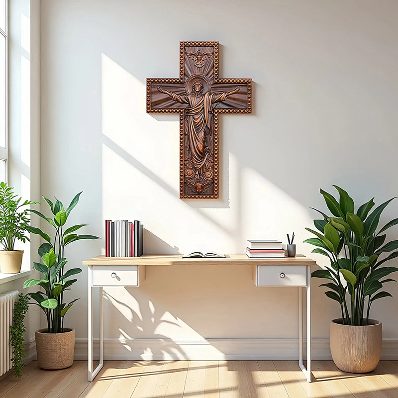 Hand Carved Jesus Ascension Cross - Wooden Wall Crucifix for Christian Decor - QIADGE