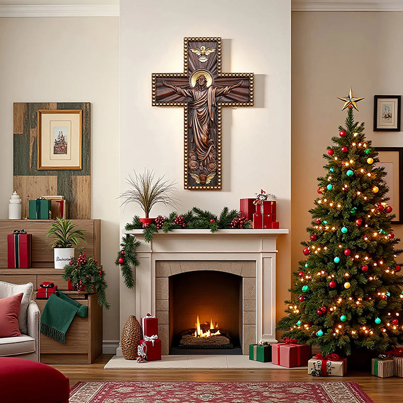 Hand Carved Jesus Ascension Cross - Wooden Wall Crucifix for Christian Decor - QIADGE